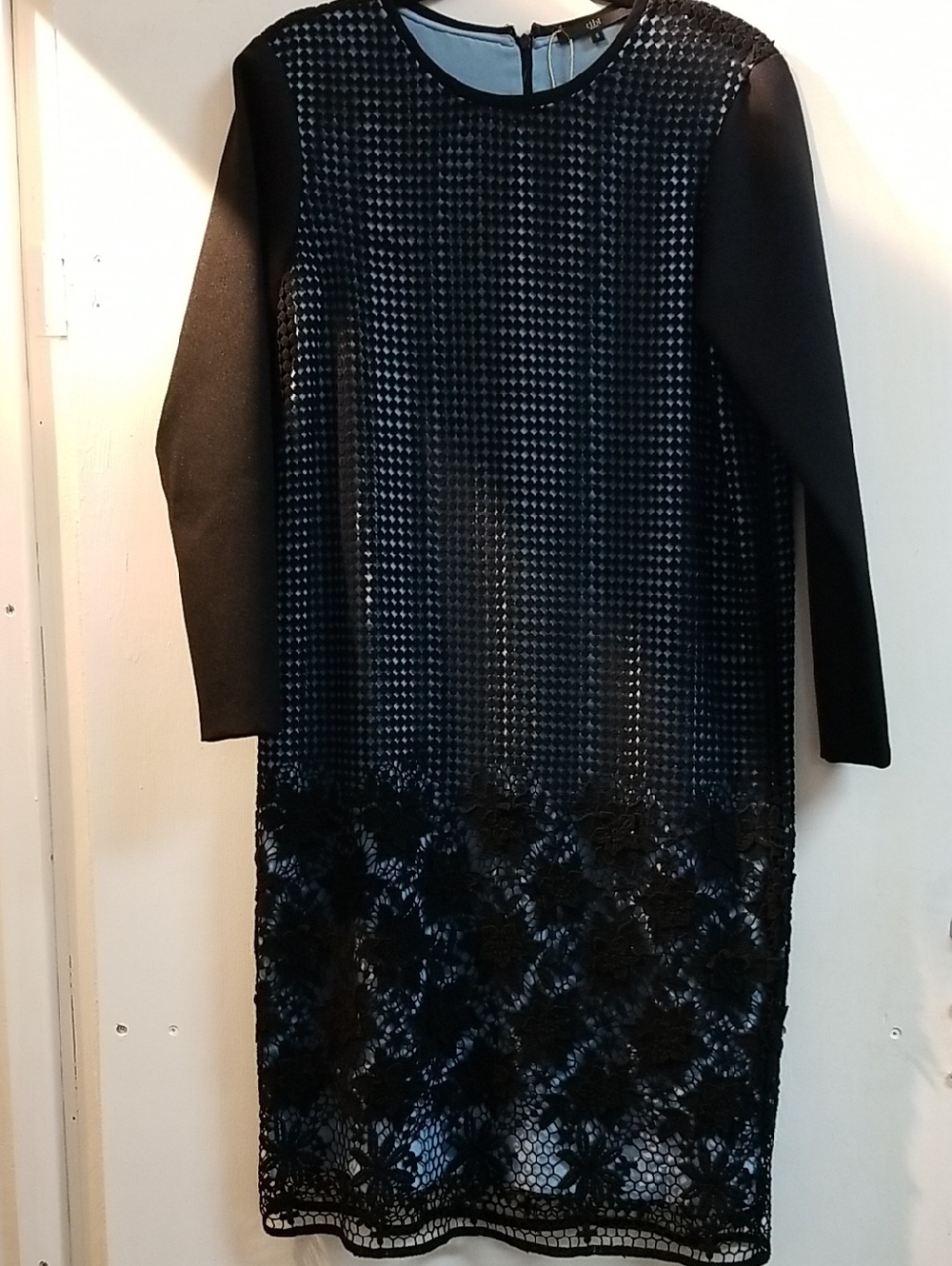 Tibi Black Long Sleeve Shift Dress with Lace Hem